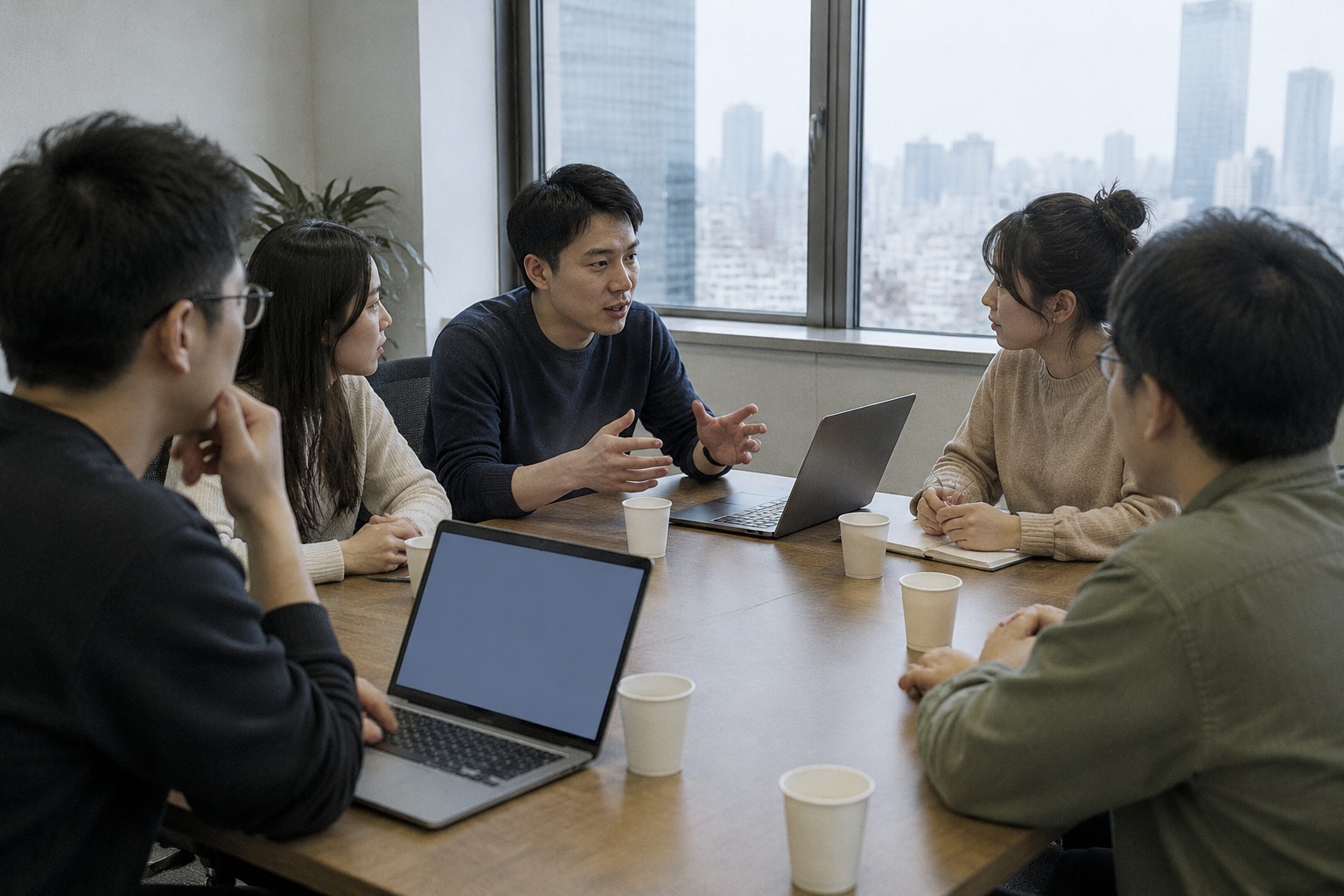 小公司会议室里几个人围着长桌讨论,桌上是笔记本电脑