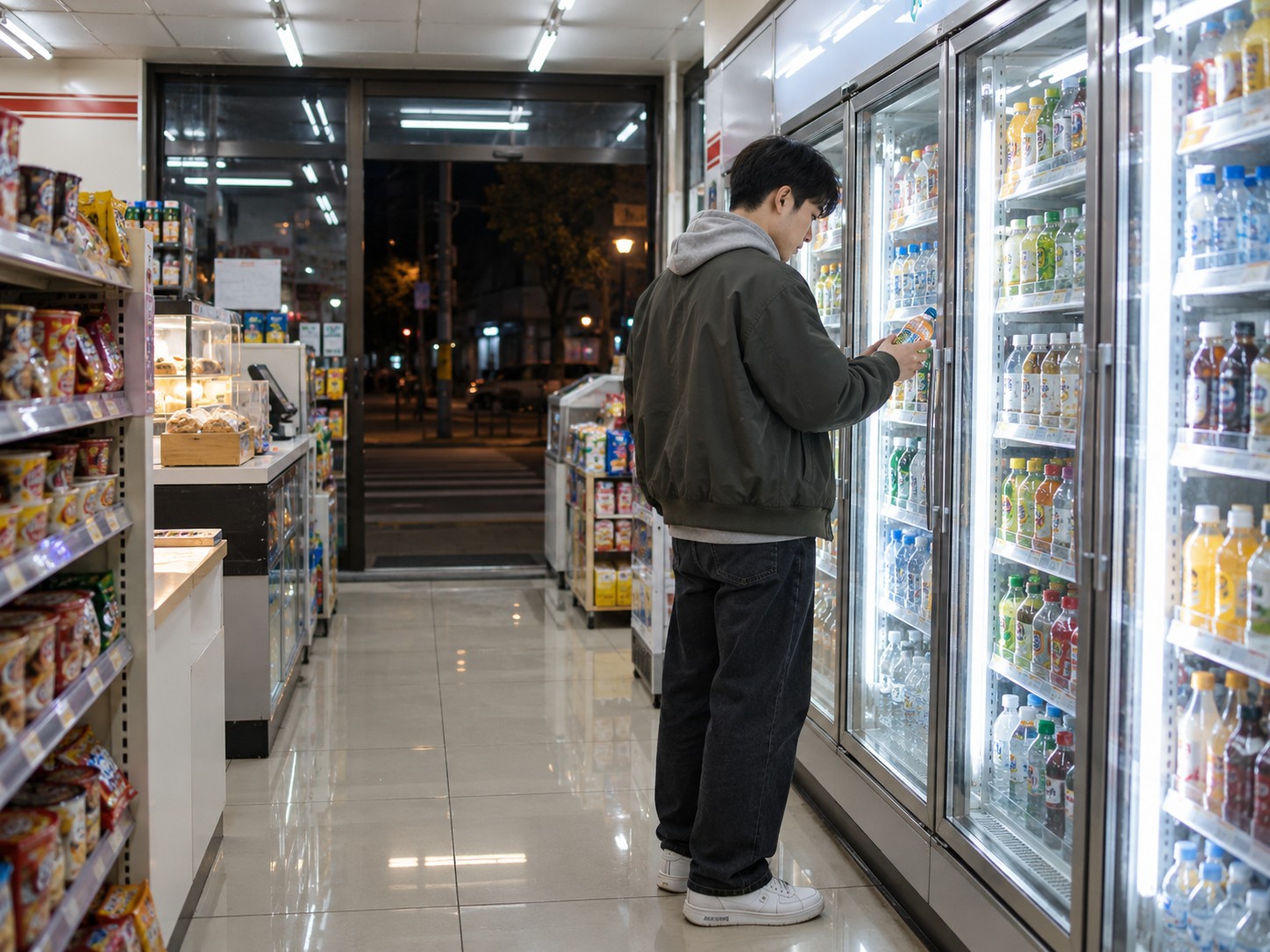 深夜便利店内货架前的顾客,冷柜灯光亮着
