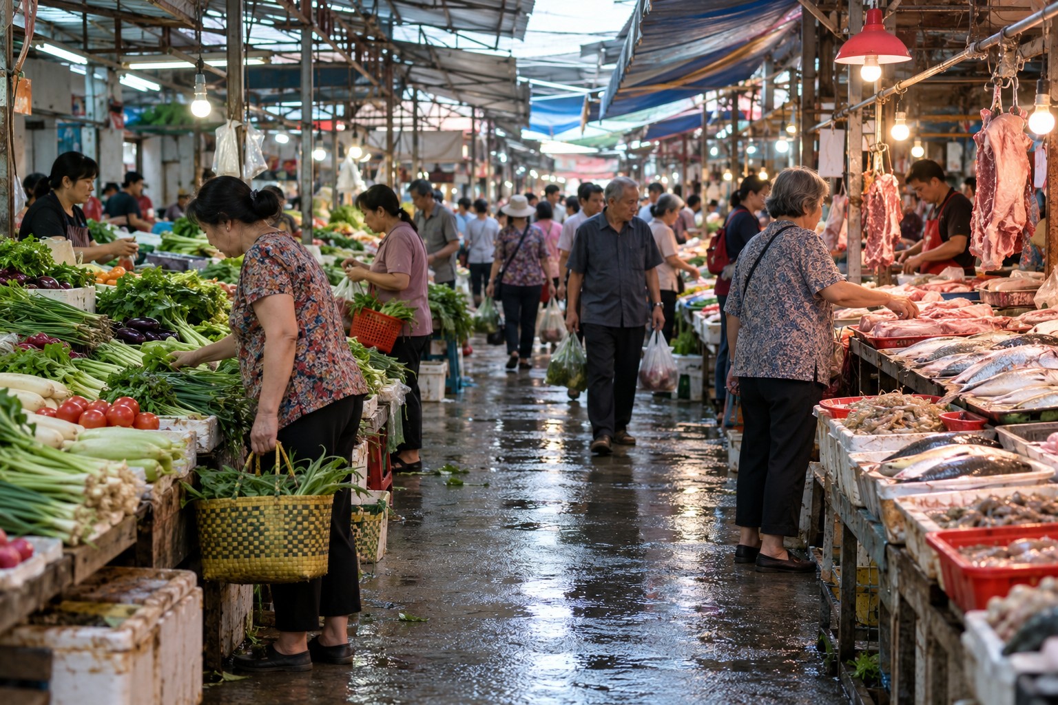 早市时间菜市场里提着菜篮的顾客在各个摊位前停留