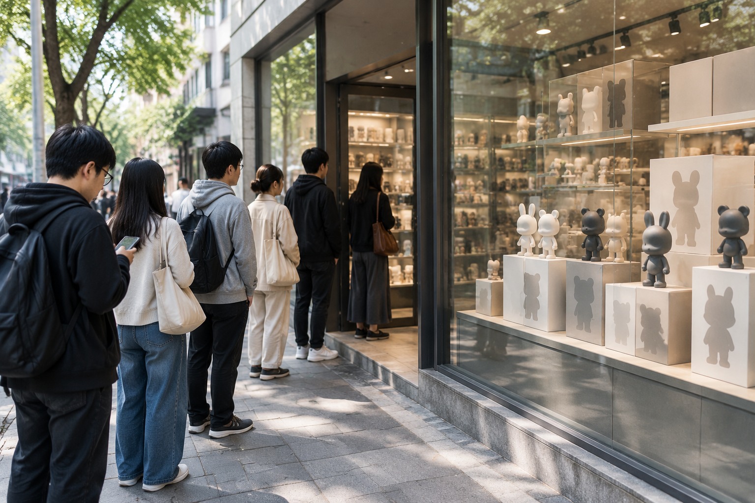 周末下午潮玩手办店门口排队等候盖章的顾客