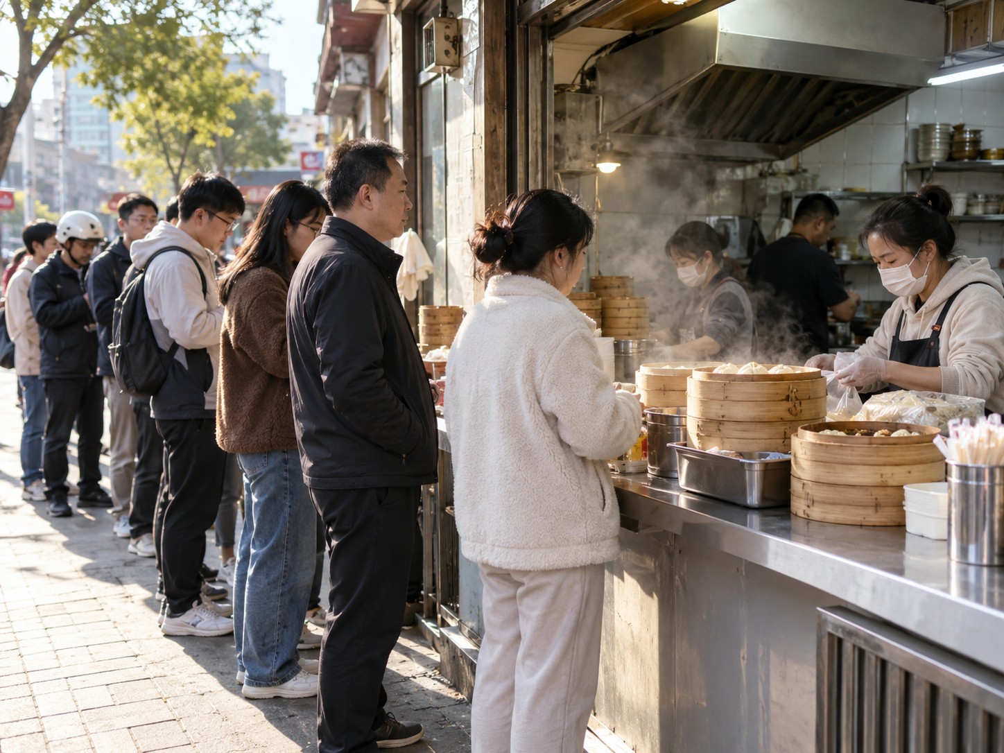 顾客手里拿着盖了章的集章卡,背景是肠粉店的招牌和蒸炉