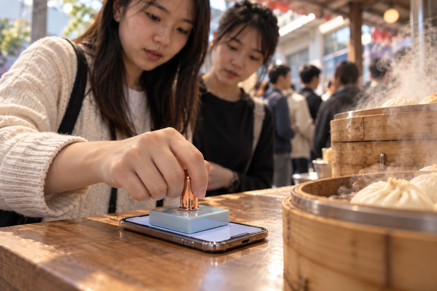 清晨肠粉店门口排队的人群,蒸炉冒着白汽,街边小店