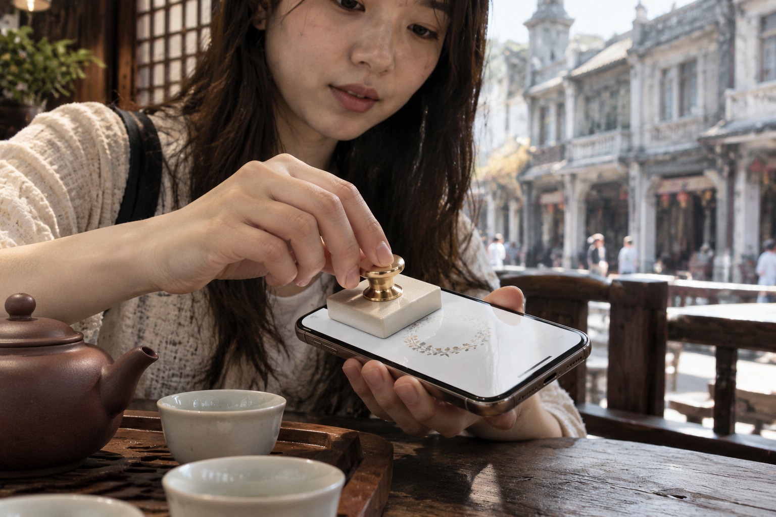 潮汕茶室的茶桌前,客人用实体印章在手机屏幕盖下印章