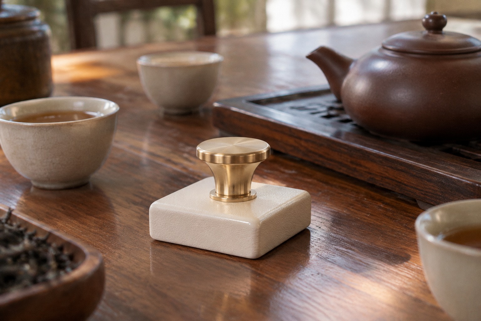 潮汕茶室木茶桌上的印章静物特写,旁边是紫砂壶和素色茶杯