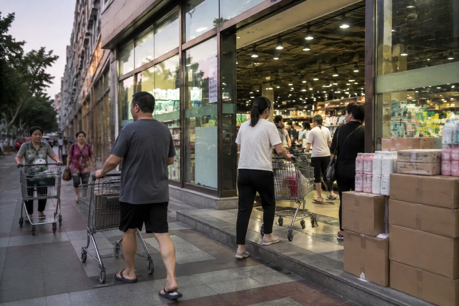 傍晚社区超市门口推着购物车进出的顾客