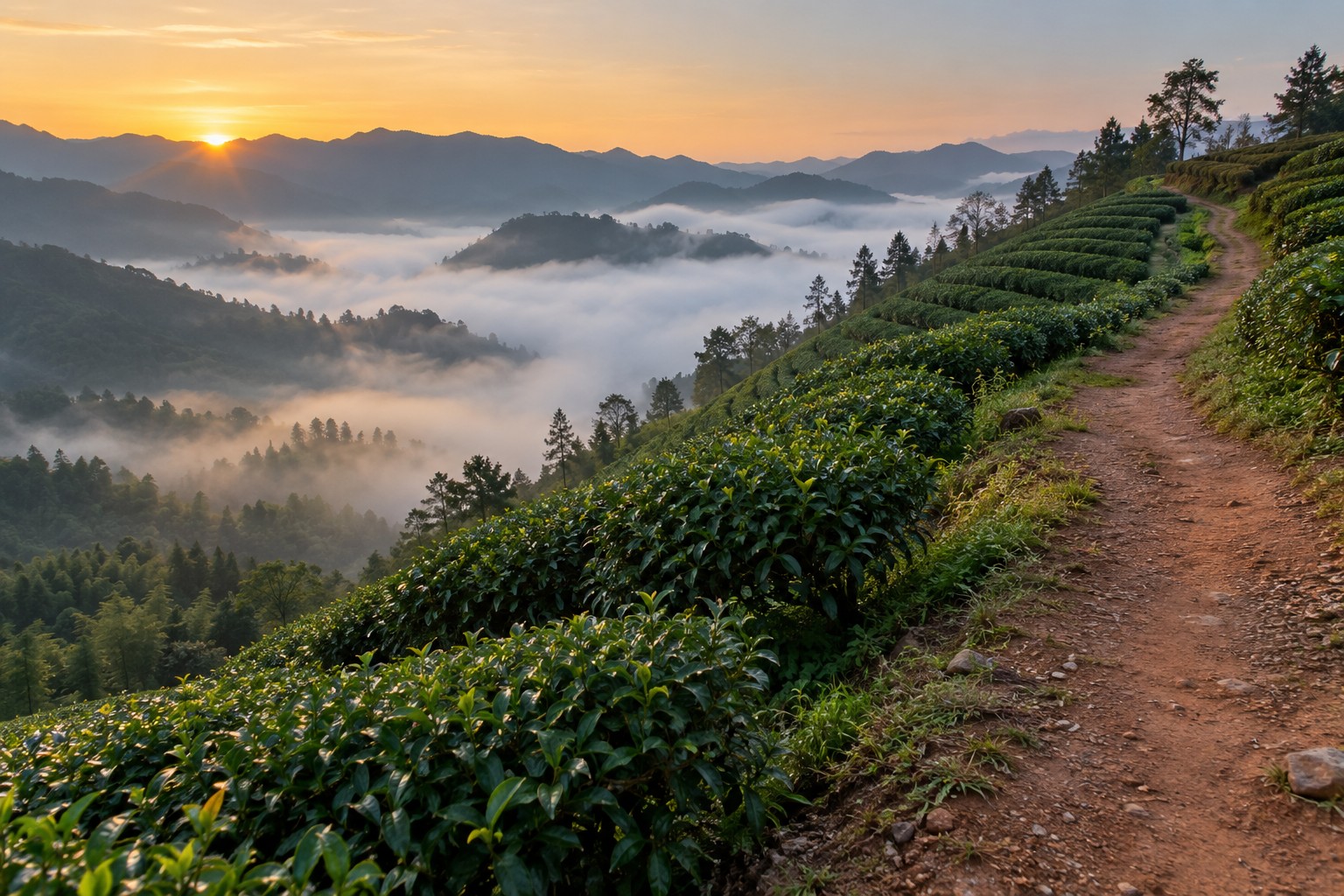 清晨的茶山山脊,雾气在山谷里,一条土路往山上走
