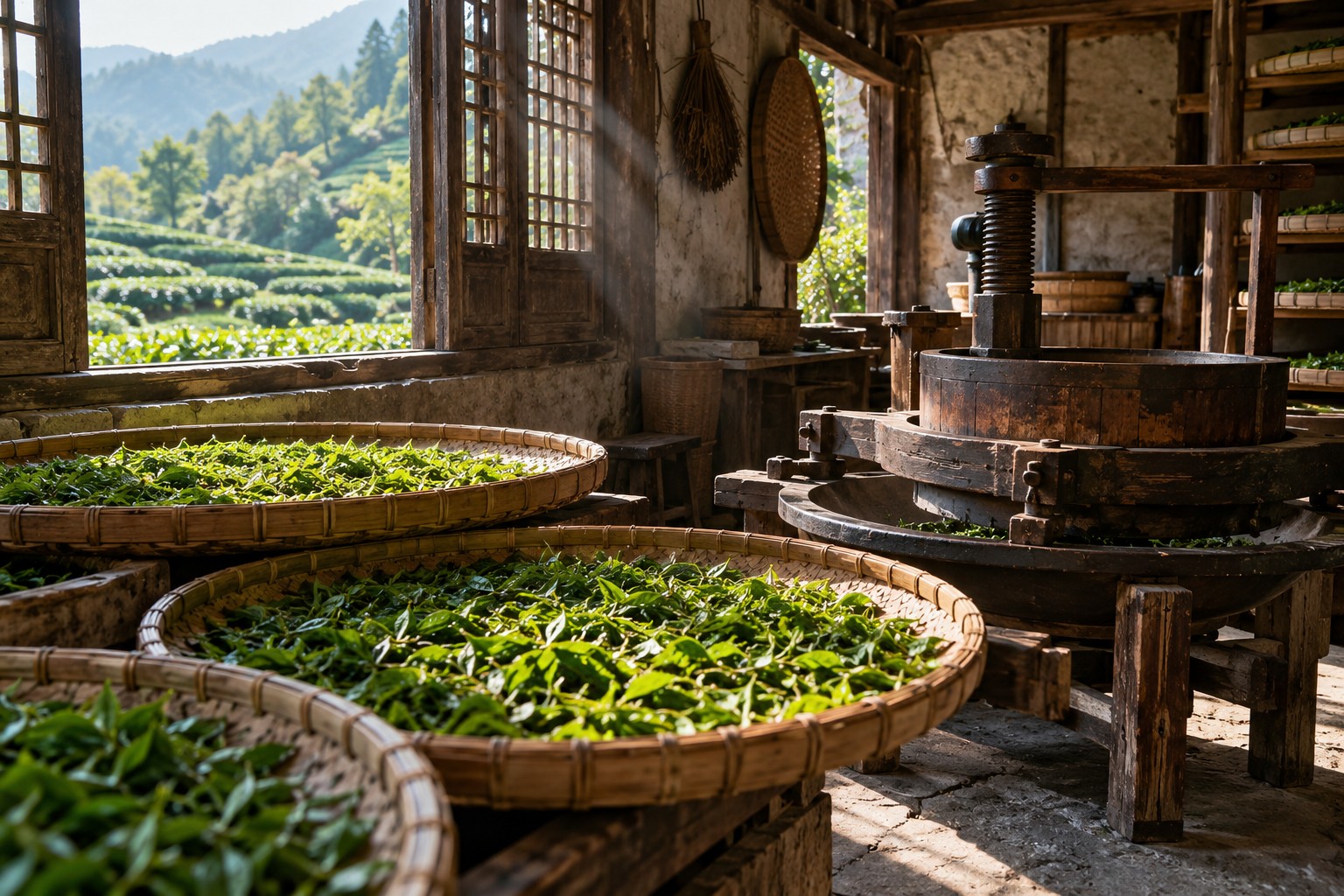 茶园里的制茶作坊,竹筛上摊着刚采的茶叶,光线从木窗进来