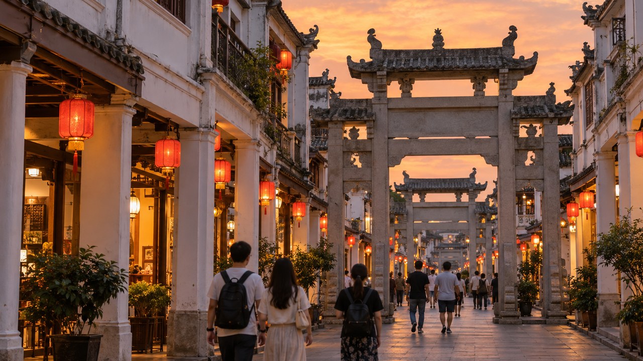 潮州牌坊街骑楼与石牌坊的傍晚街景