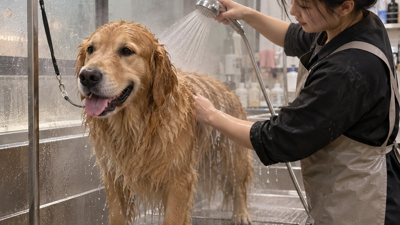 宠物店店员给金毛犬洗澡