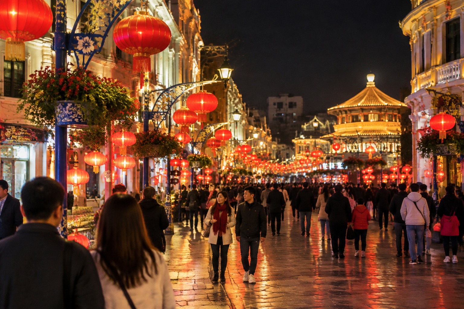 春节夜晚挂着灯笼的汕头小公园街区