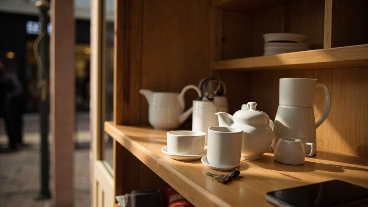 小店柜台上的茶具与手机