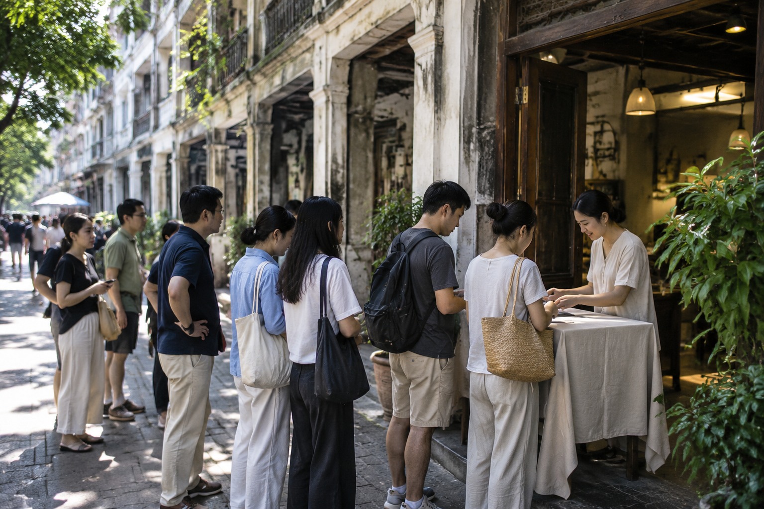 周末汕头老街店铺门口排队等进店的顾客