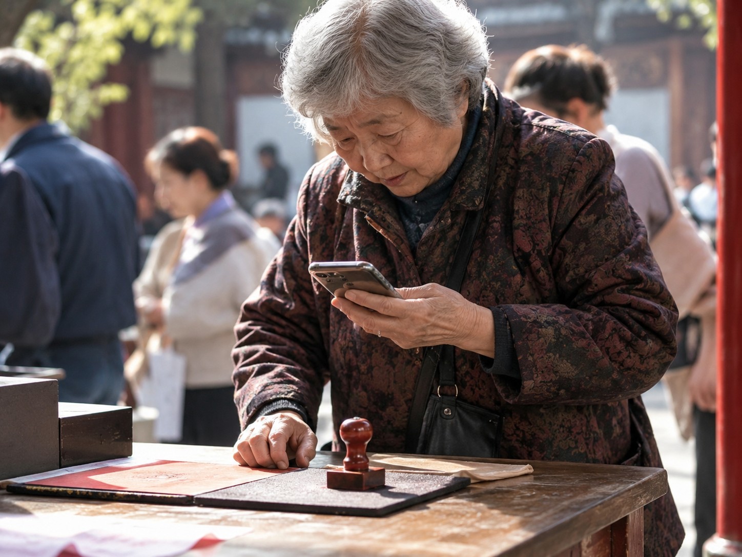 老人在矮桌前自己完成打卡