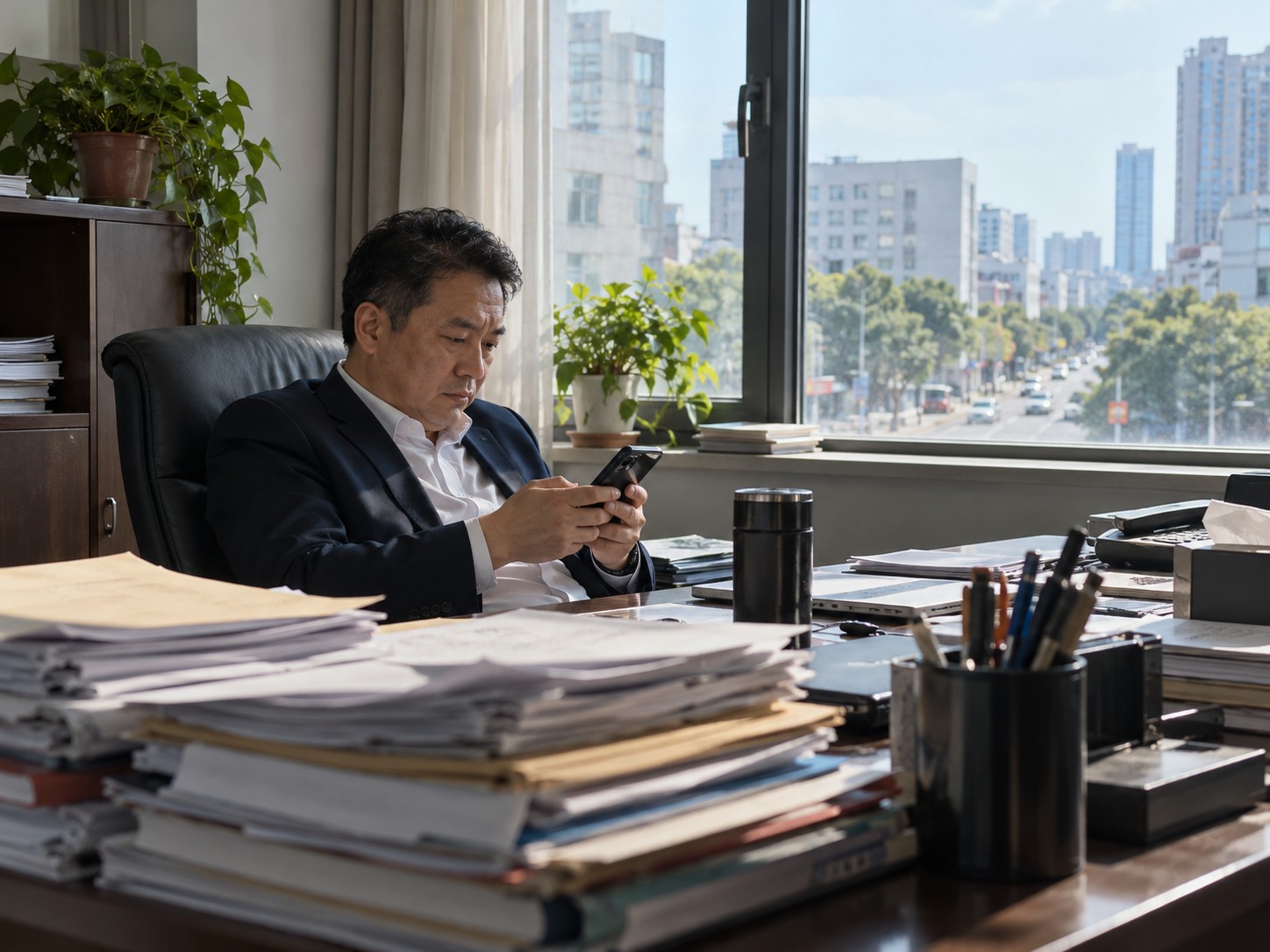 小公司老板在办公室看手机上的数据