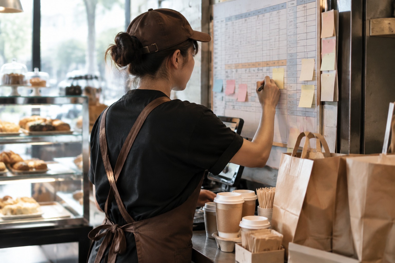 烘焙店收银台旁的便签与打包台