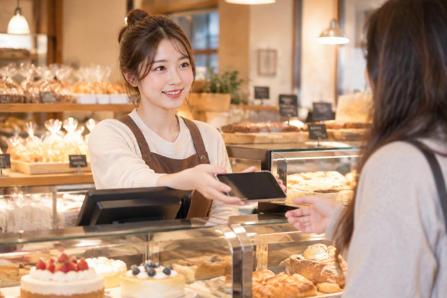 烘焙店店员在收银台把手机递给顾客