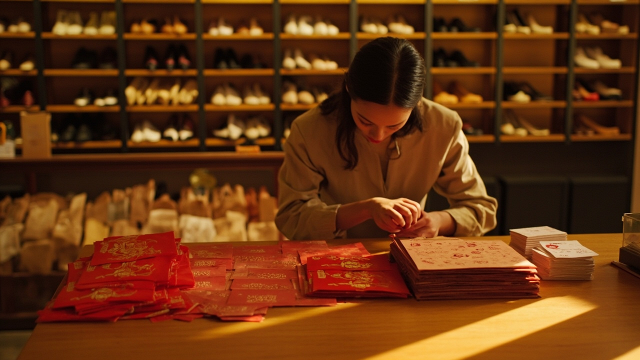 老板娘在柜台清点集章卡和礼品
