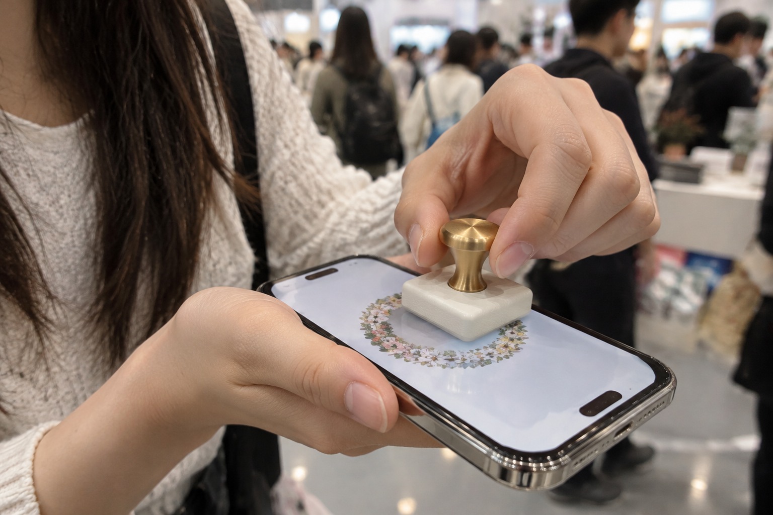 活动现场顾客举着手机用实体印章按压屏幕