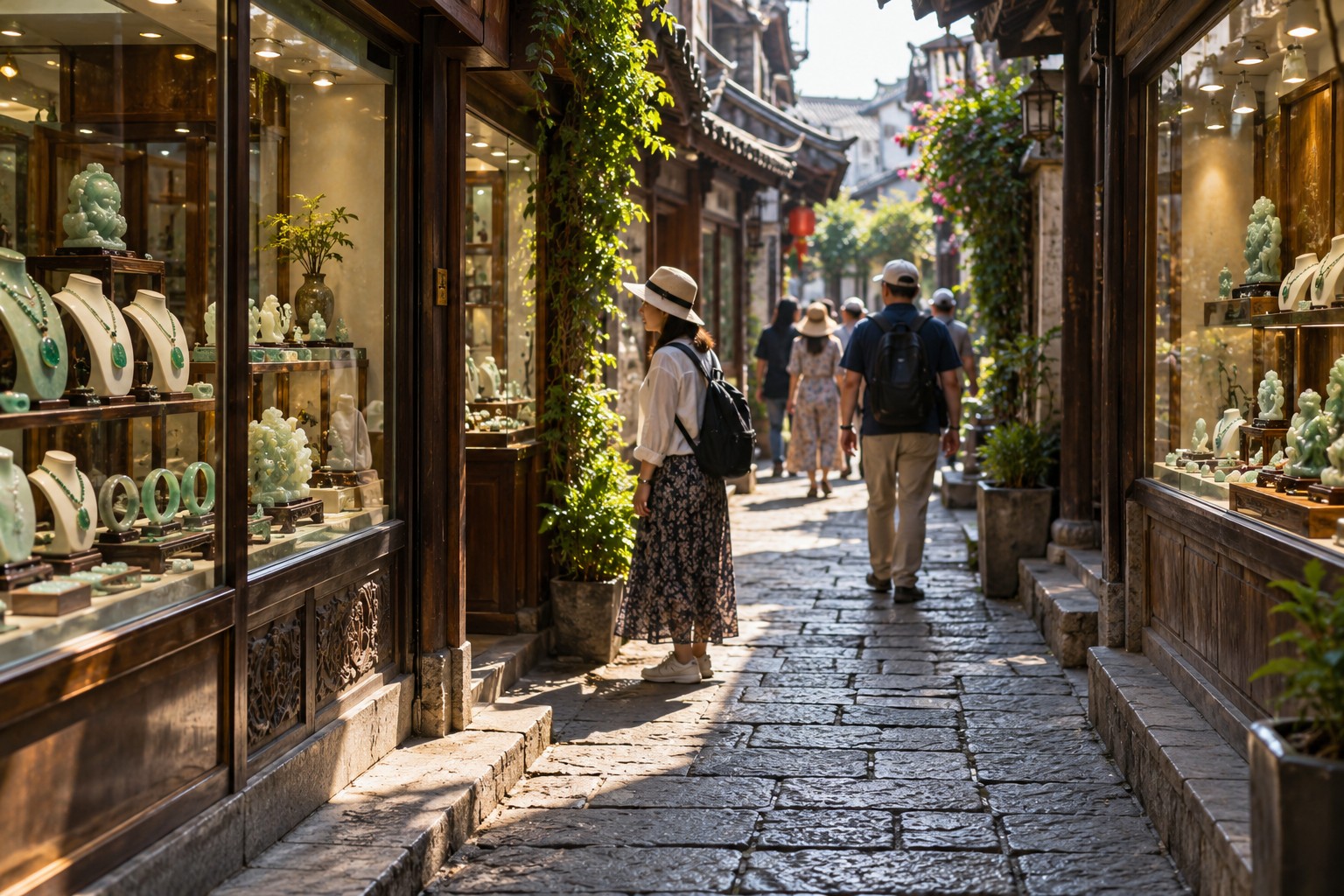 玉器街巷道两侧的店铺和橱窗,游客在街上行走