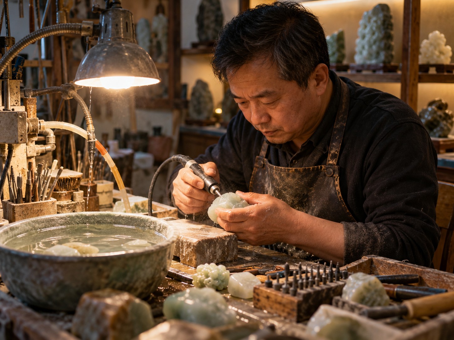 玉器加工坊里师傅在灯下打磨玉料,工作台堆着工具
