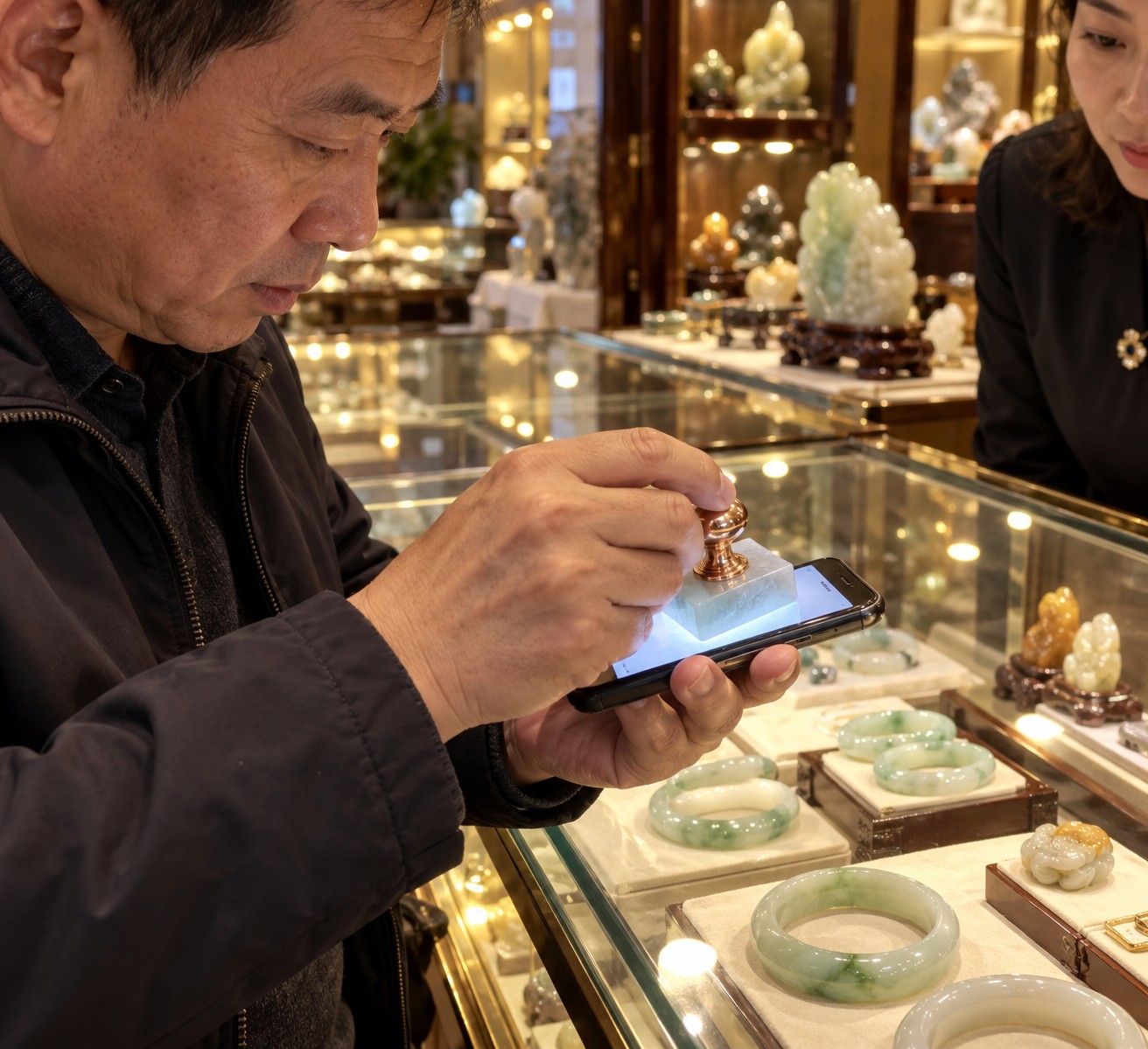 玉器街店铺柜台前顾客手持淡蓝色方形印章按压手机屏幕