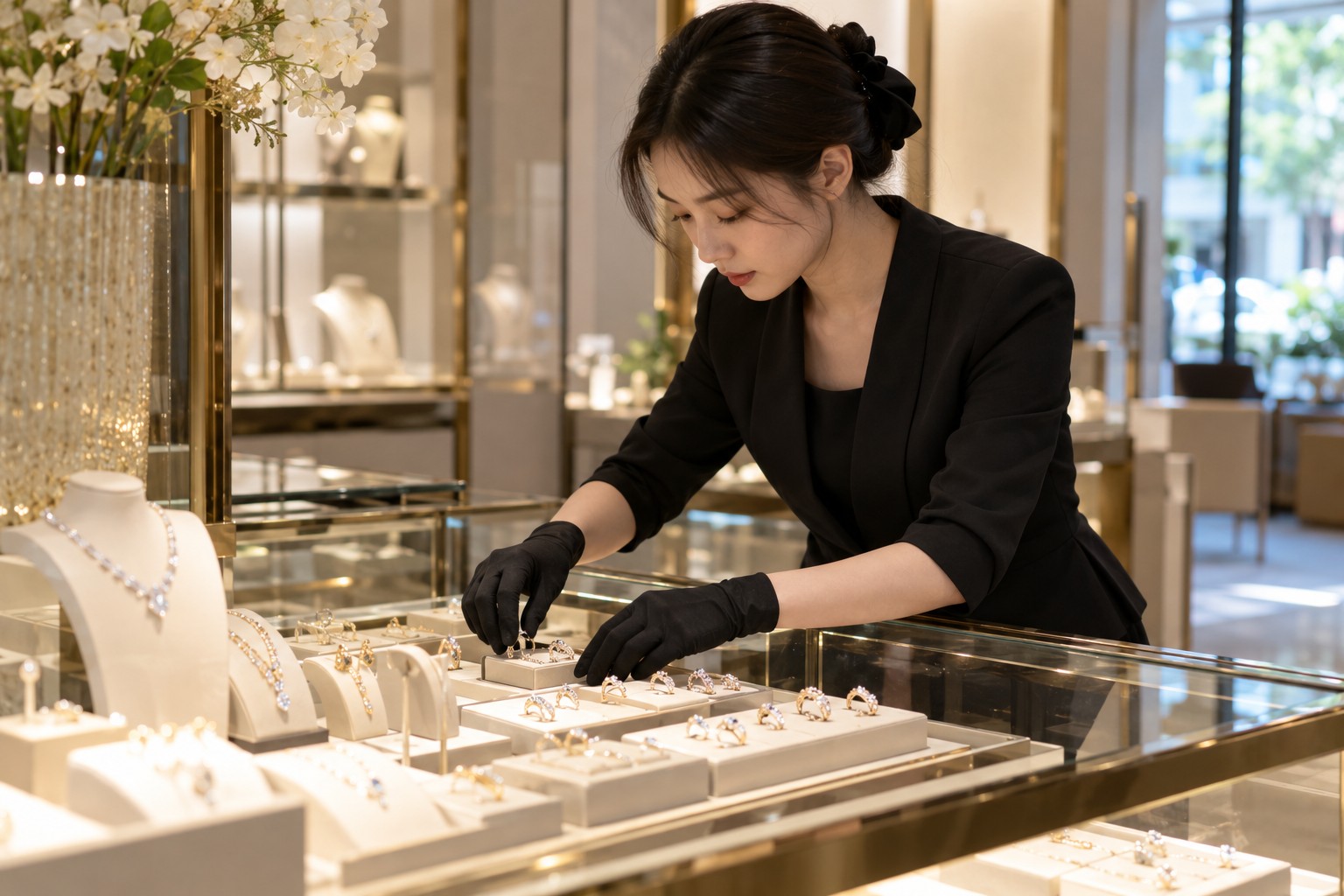 顾客坐在金店柜台前,柜姐递上集章卡并介绍,店内明亮