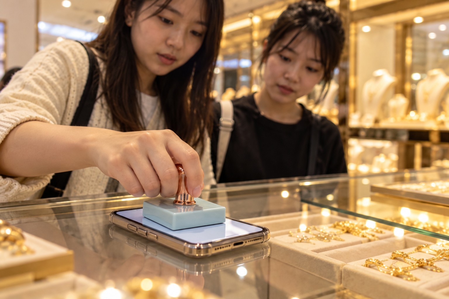 金店柜台里陈列的金饰,柜姐在整理托盘,暖色灯光