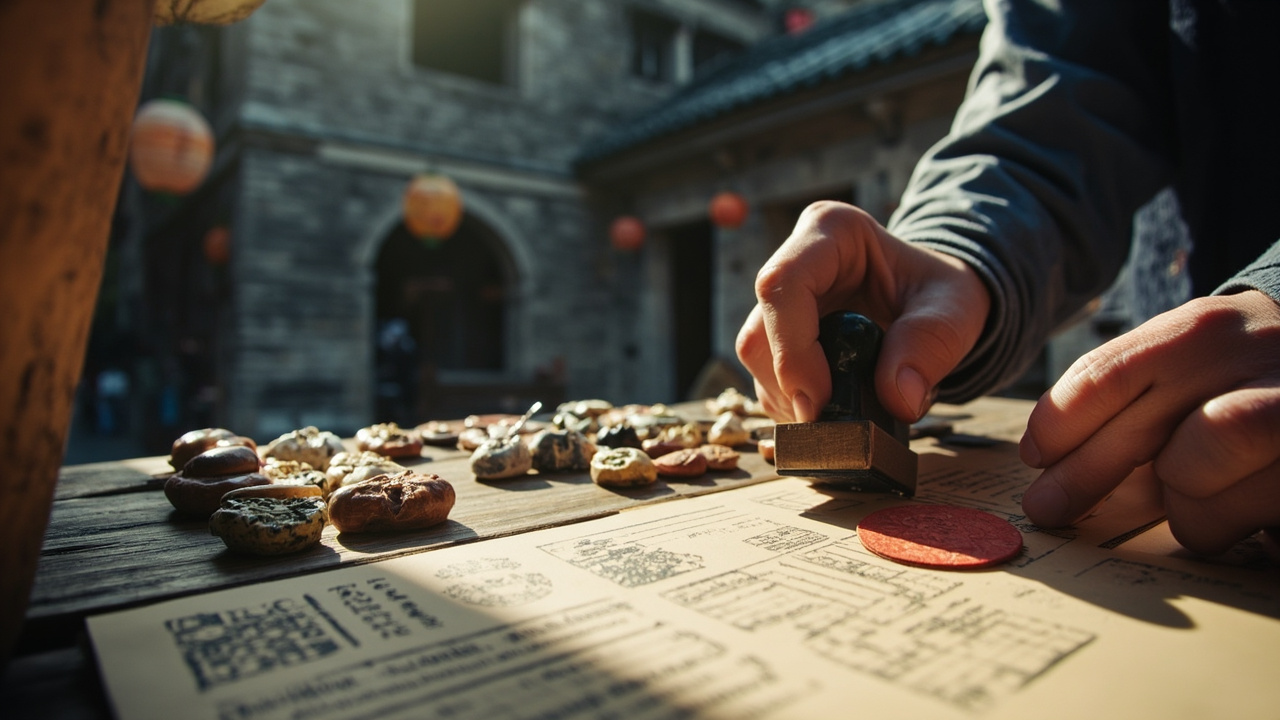 景区集章打卡:游客在盖章台前集章
