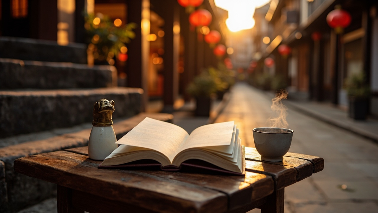 老街区桌上摊开的集章护照和实体印章