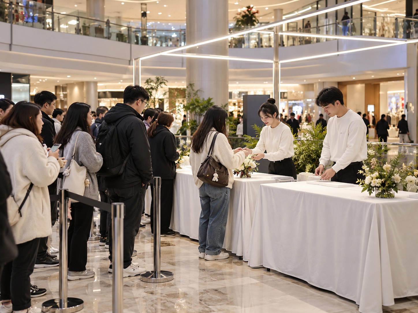 商场中庭的打卡点位,两位兼职学生站在桌后接待排队顾客