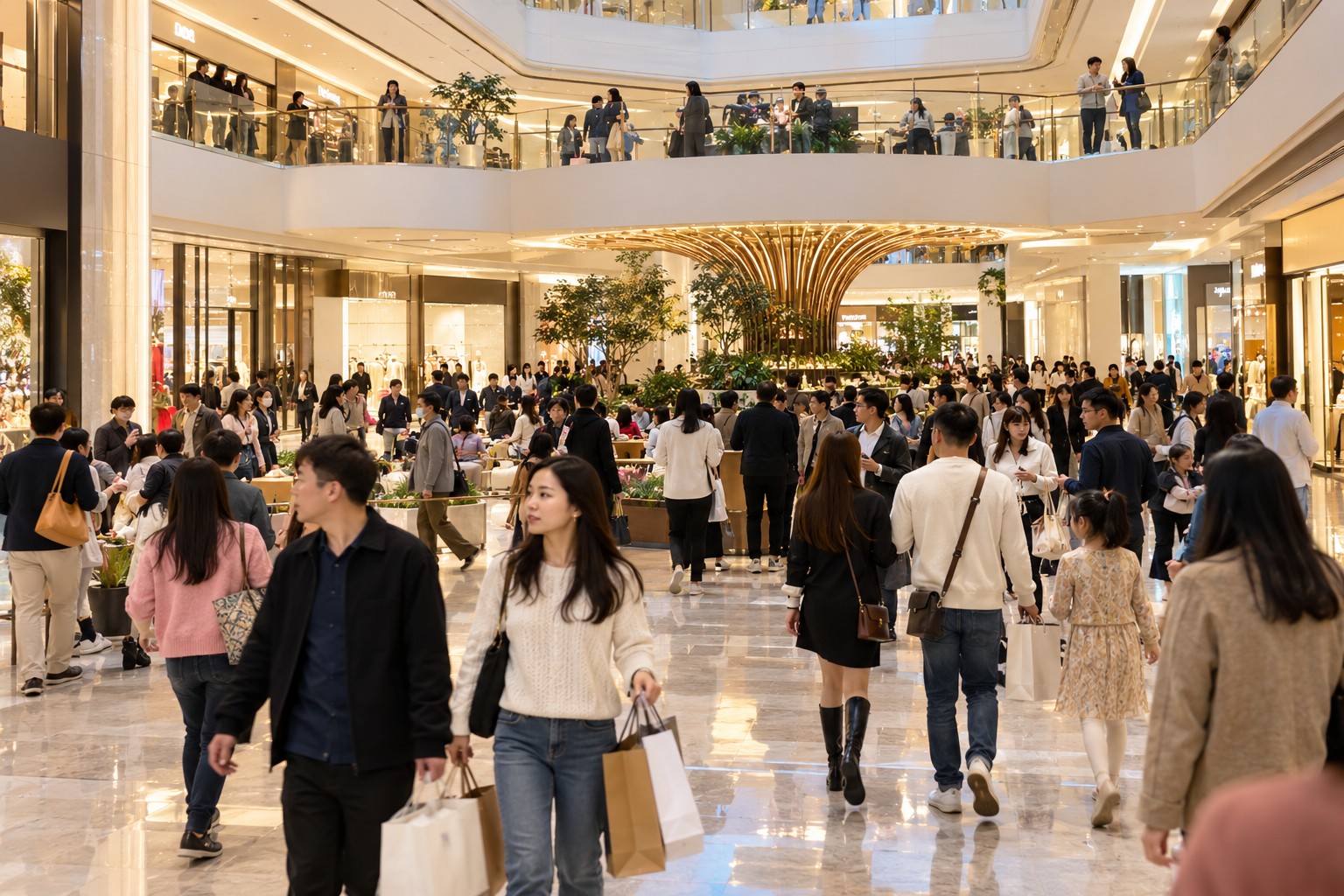 商场中庭午餐时间人流密集,顾客提着购物袋穿行