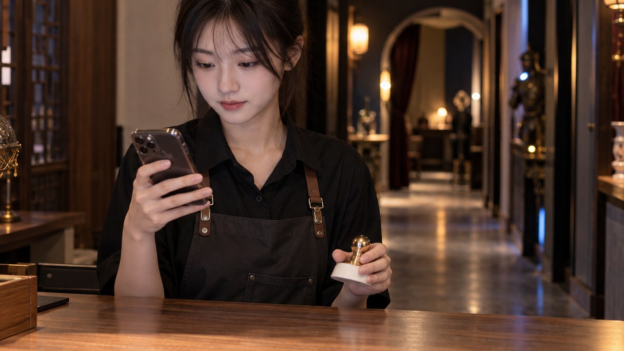剧本杀店员在前台用互动印章给玩家盖章