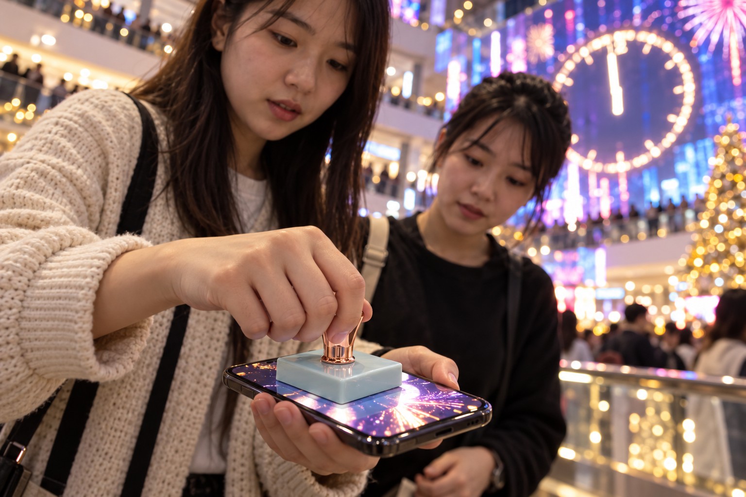 跨年夜商场中庭的打卡点,人群举着手机拍照,舞台灯光亮起