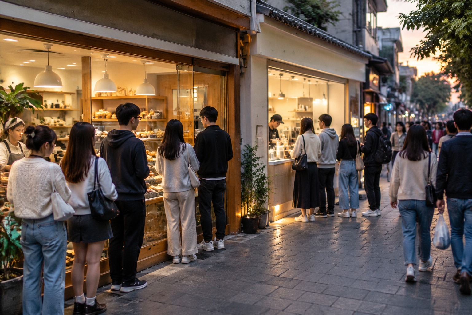 傍晚商业街上相邻两家小店门口的短队