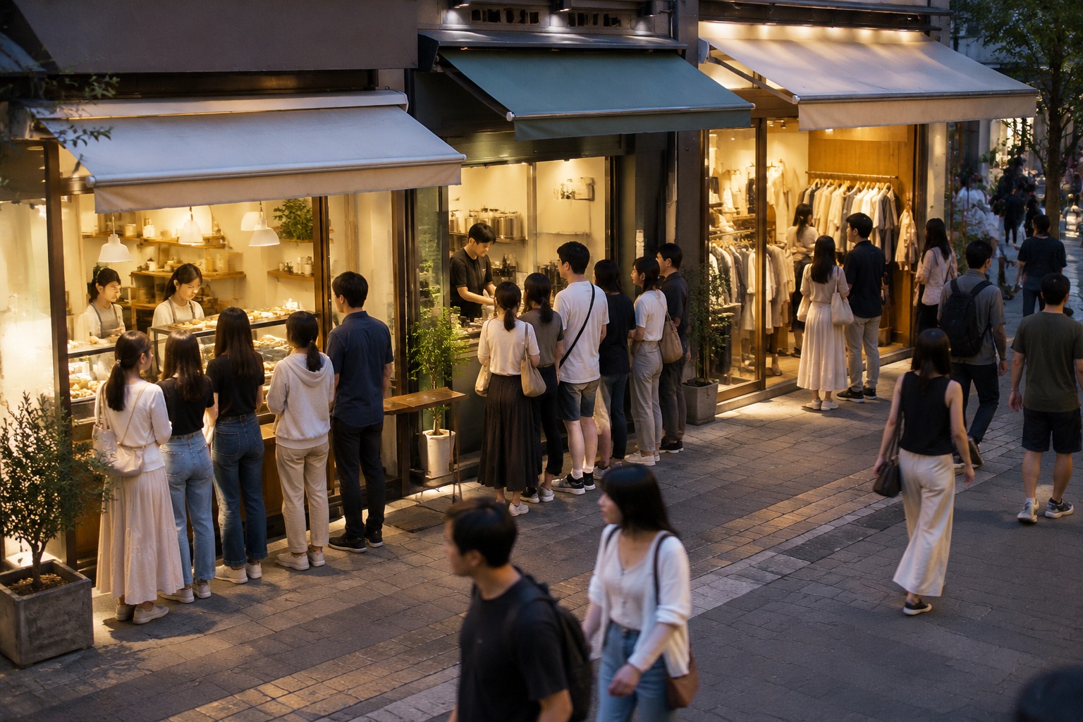 傍晚商业街上相邻三家小店门口各自排着短队
