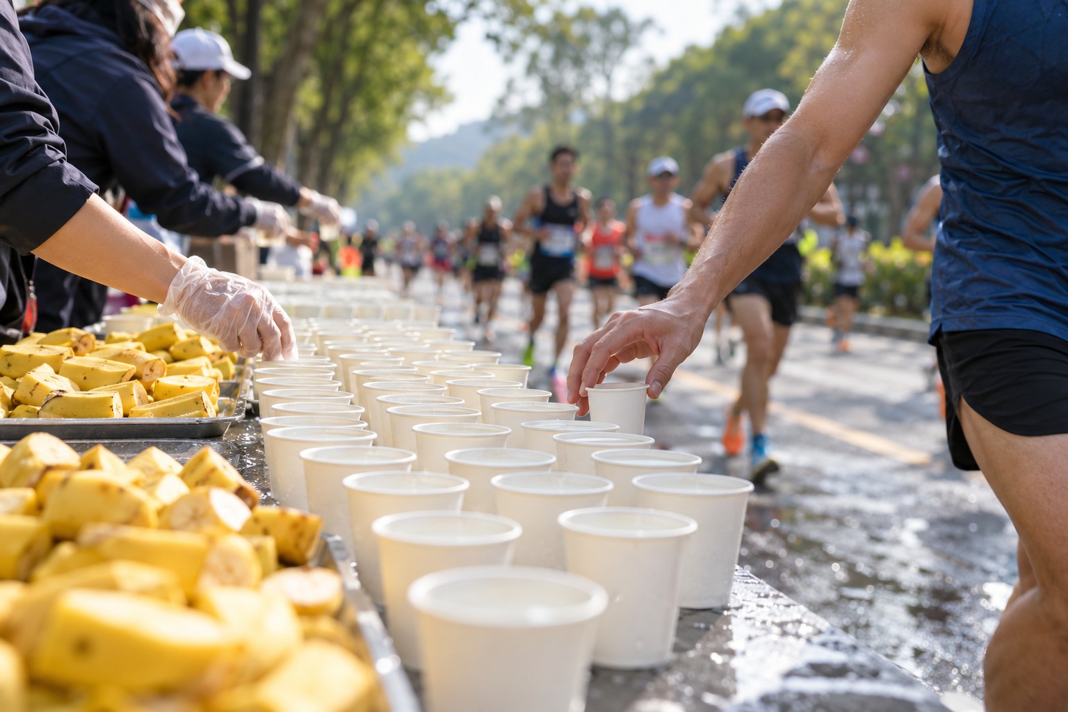 马拉松赛道边第 8 个补给站的桌面