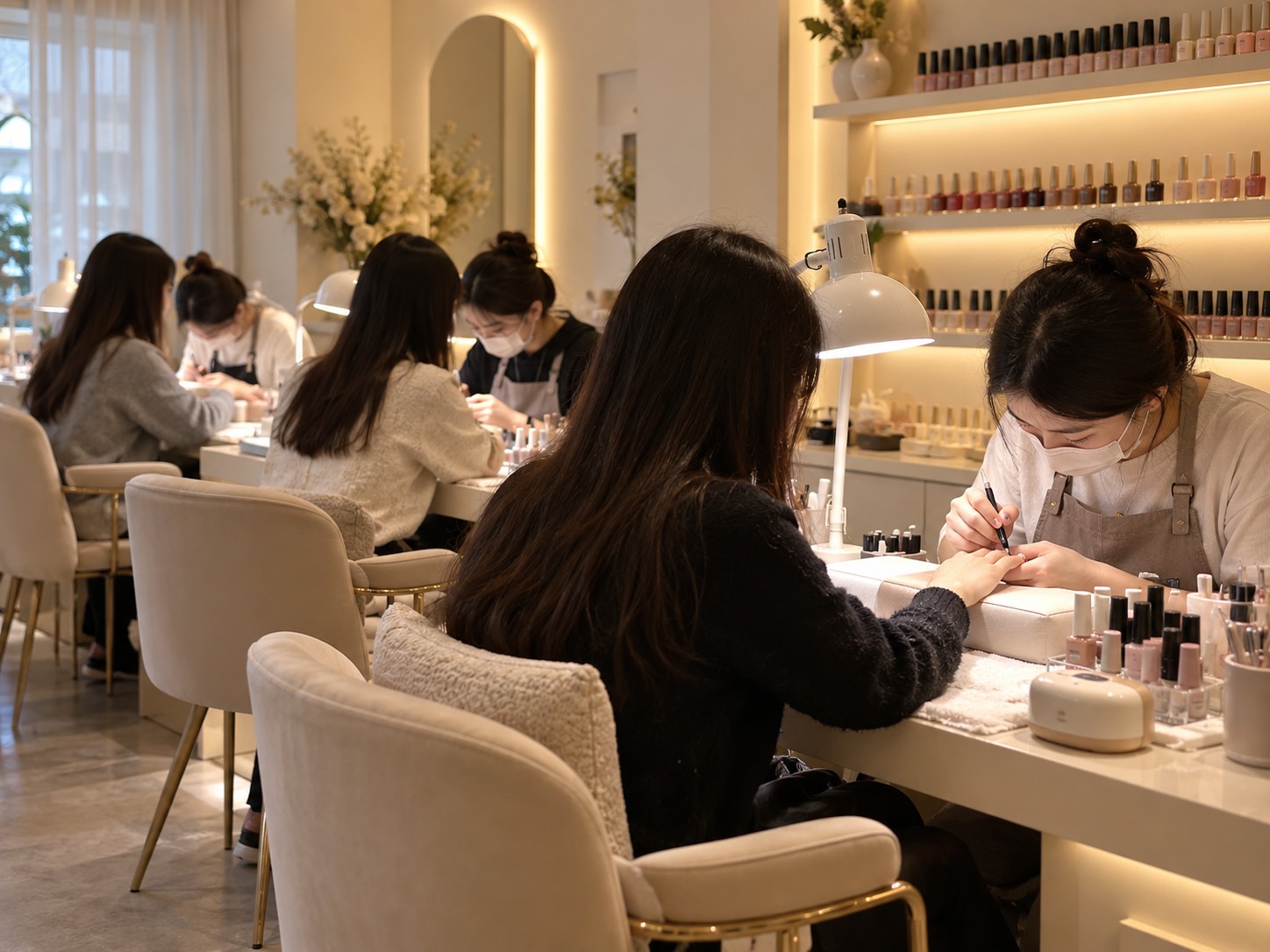 美甲店里技师为顾客做指甲,桌上摆着甲油和台灯