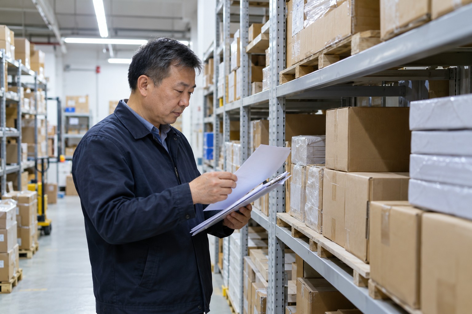 贸易公司仓库里主管站在货架前核对单据