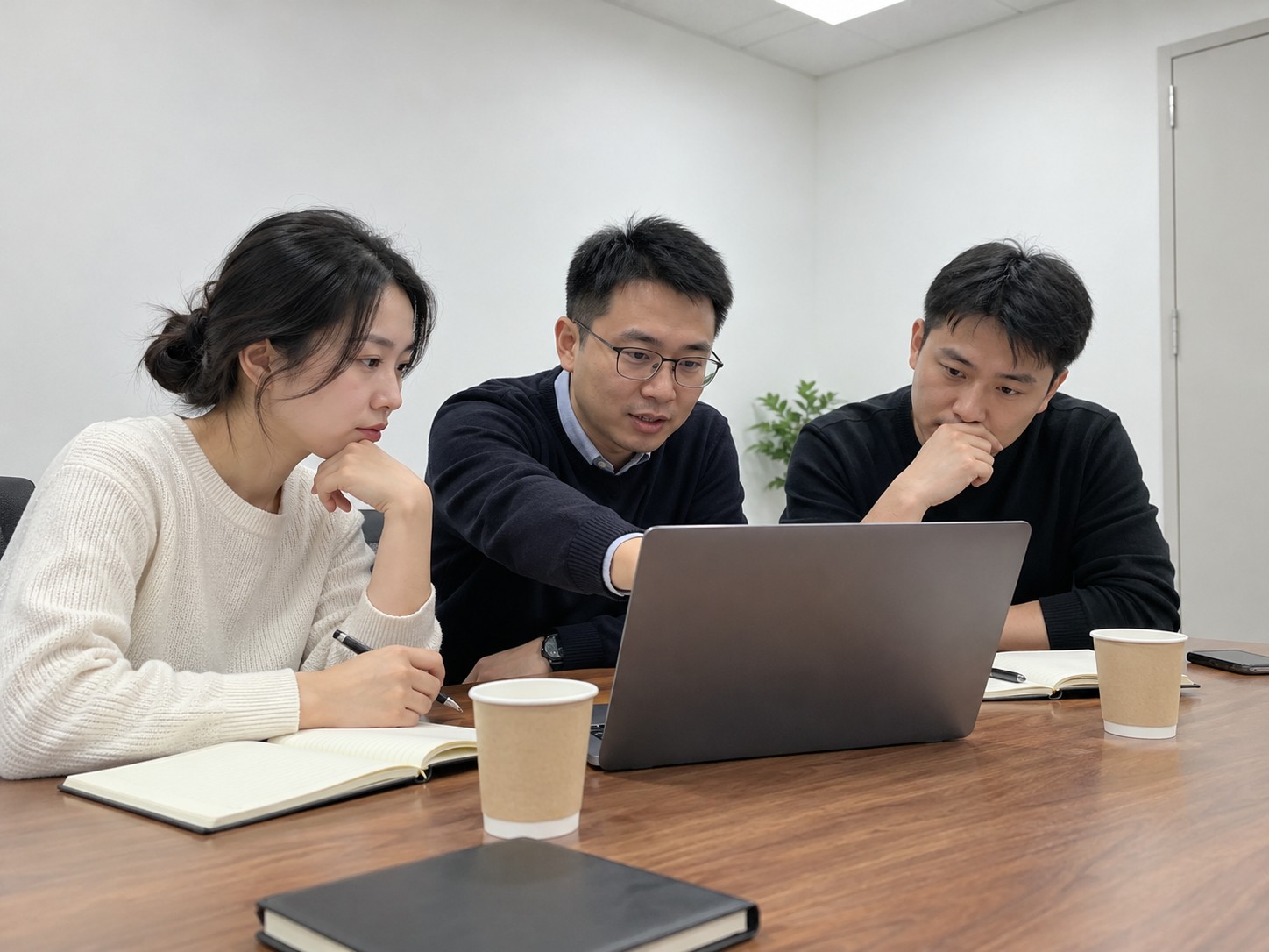 会议室里几个人围着电脑看系统演示,笔记本上记着要点