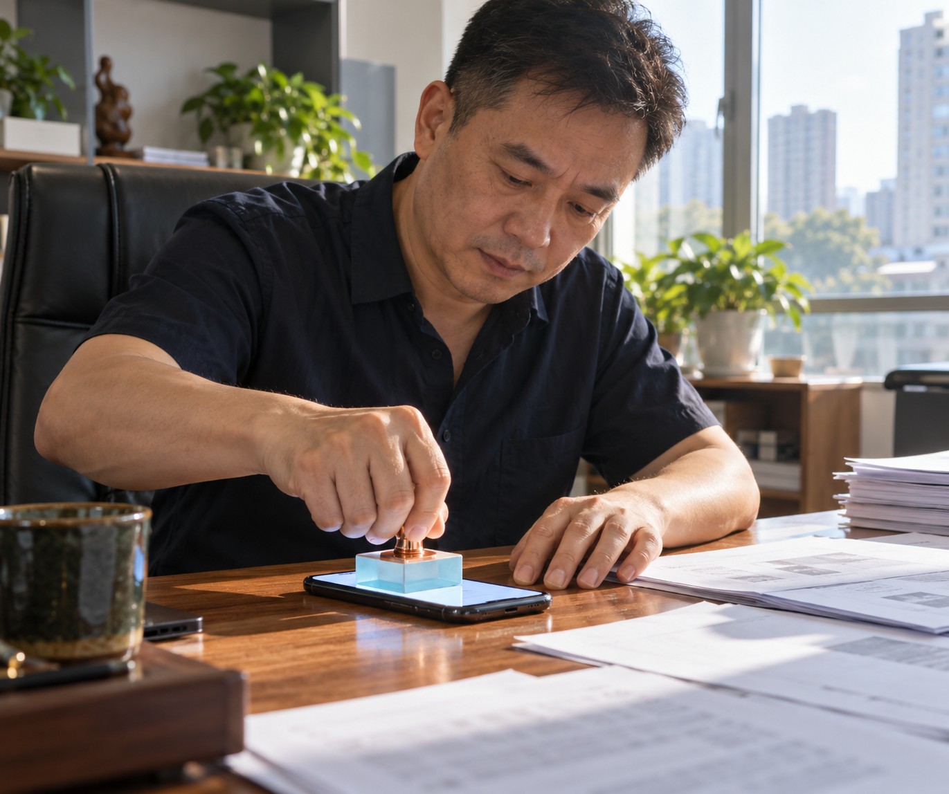 办公室里老板手持淡蓝色方形印章按压手机屏幕,桌上有需求清单