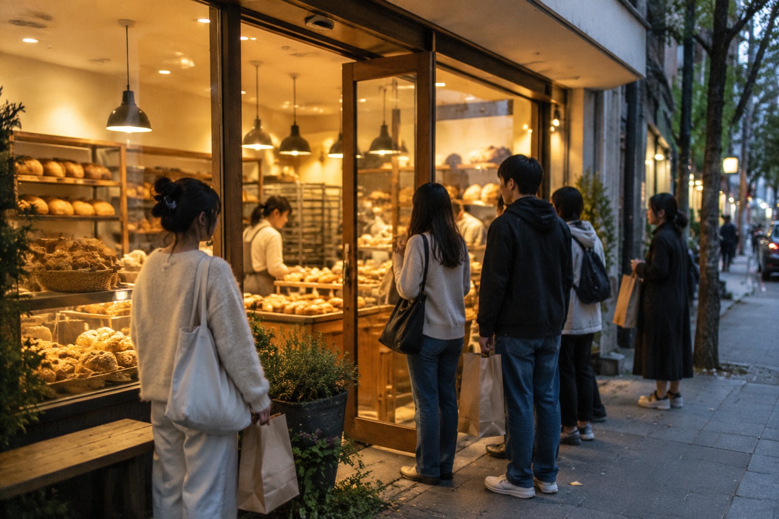 傍晚面包店门口提着纸袋等新出炉面包的顾客