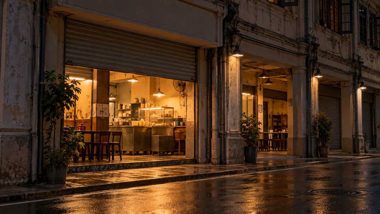 汕头骑楼小店夜晚的暖光与街景