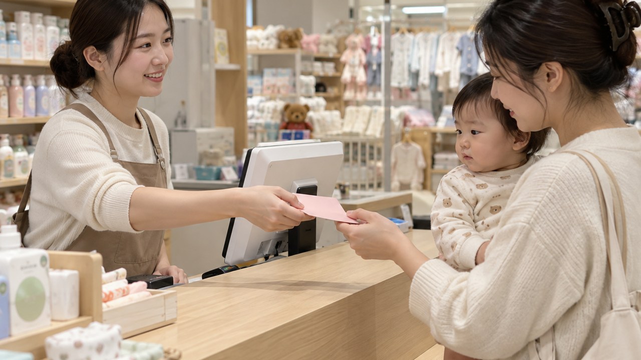 母婴店收银台店员递给妈妈一张集章卡