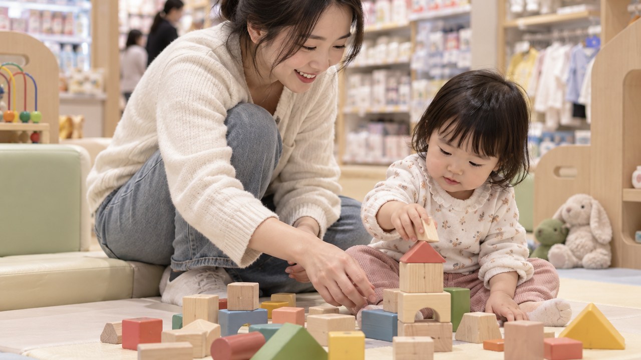 母婴店亲子角妈妈陪孩子玩积木