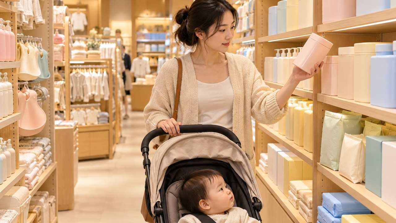 母婴店货架前年轻妈妈推婴儿车选购