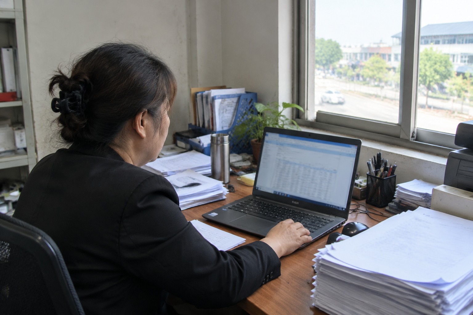 玩具厂办公室里的女主管在看电脑上的表格
