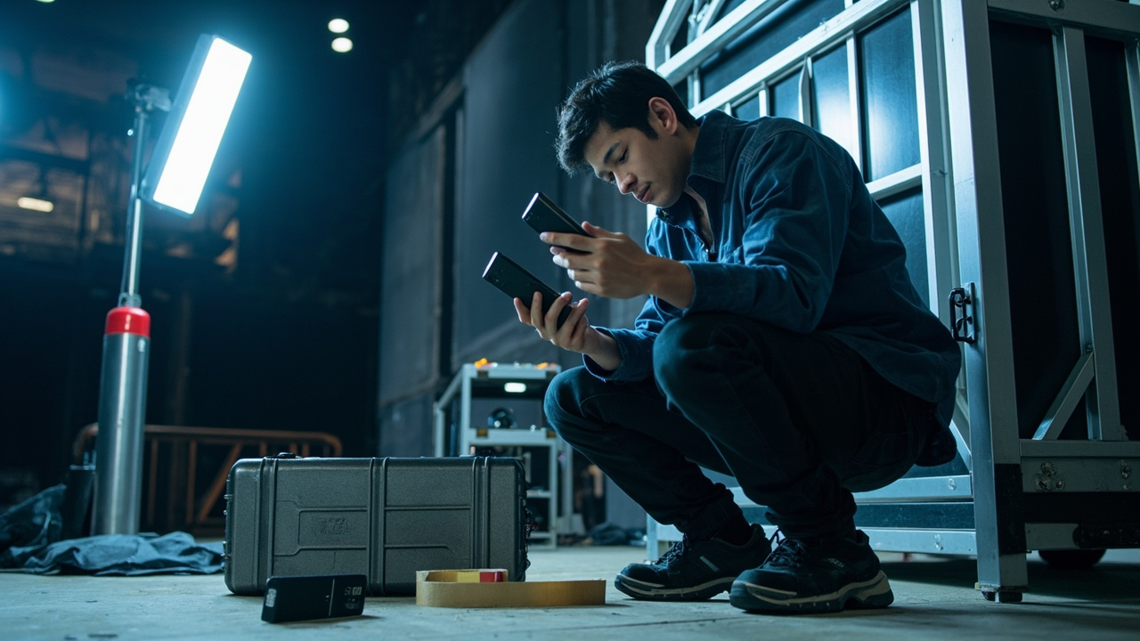 工作人员在布场时用不同手机测试点位