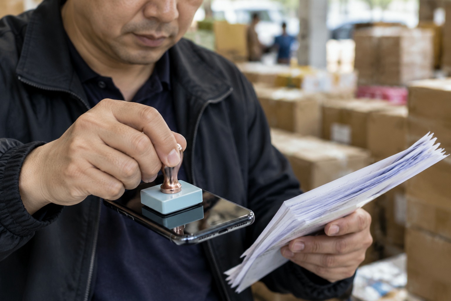 采购商在批发档口用手机互动印章盖章