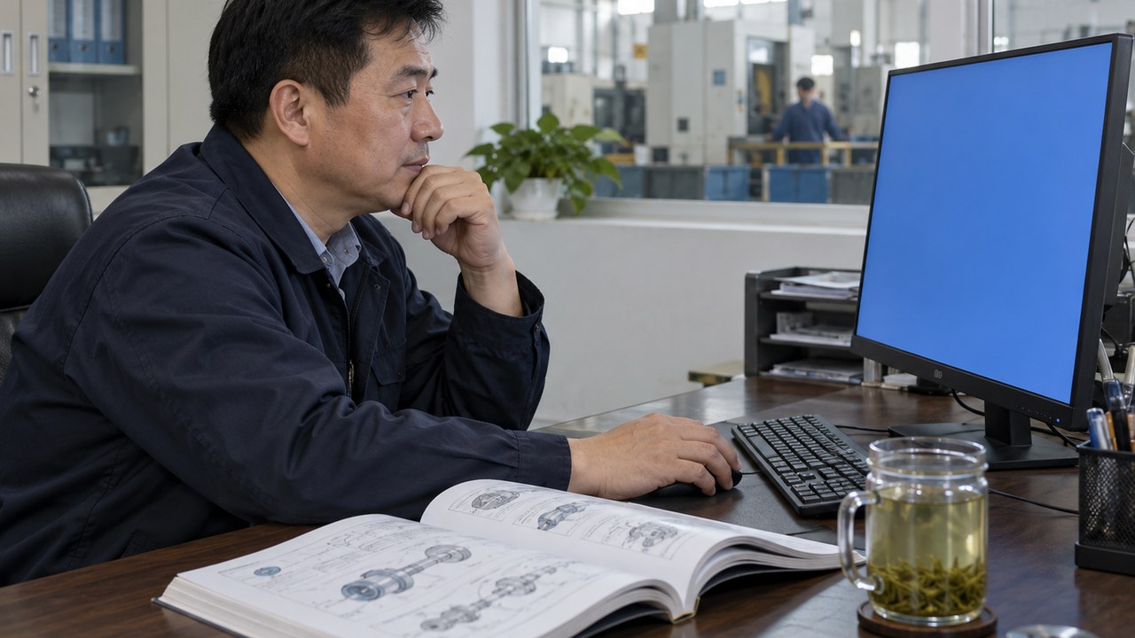 工厂办公室里有人在电脑前查资料