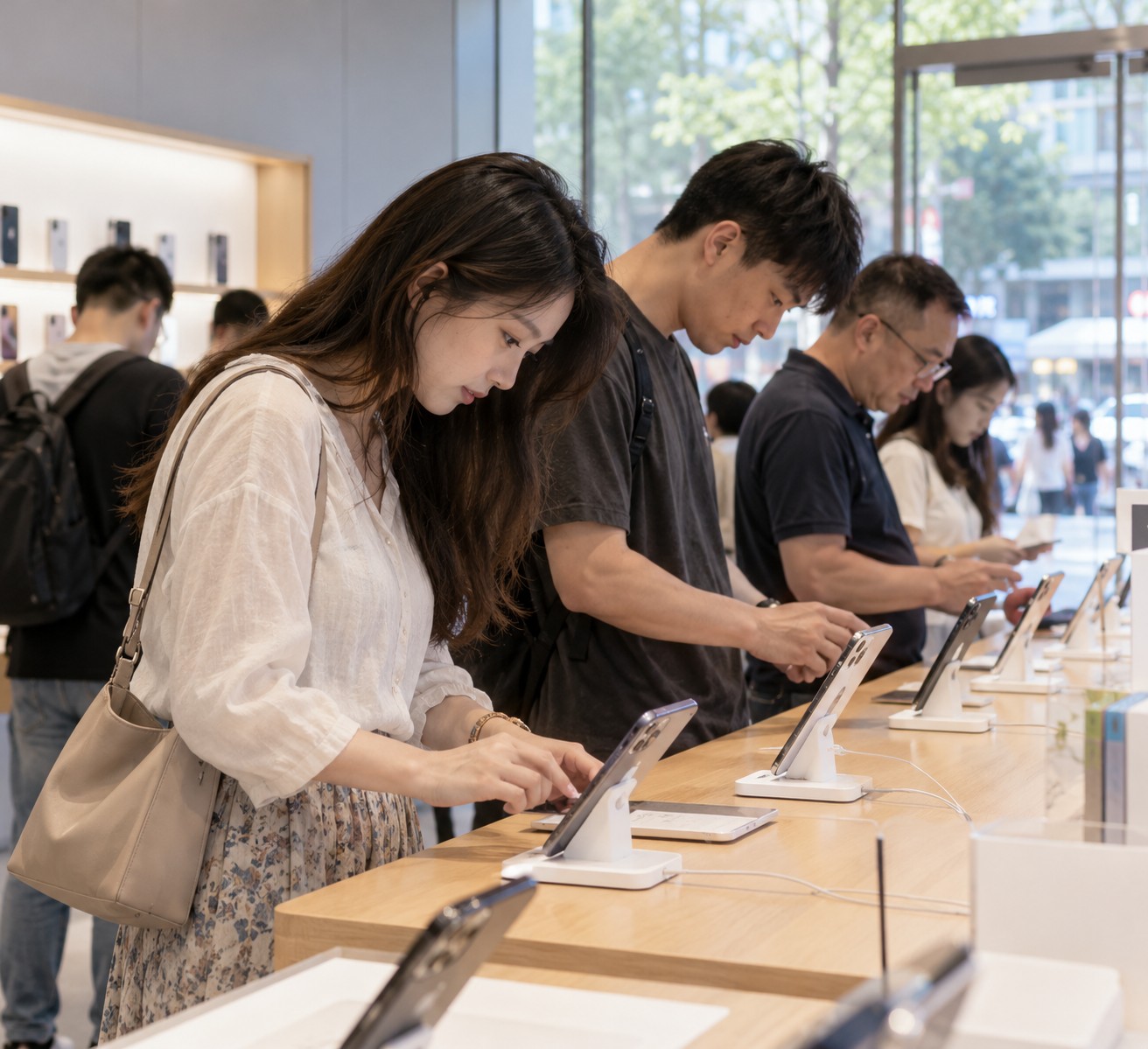 手机店员工给顾客的手机贴膜，顾客在旁等待，店内明亮